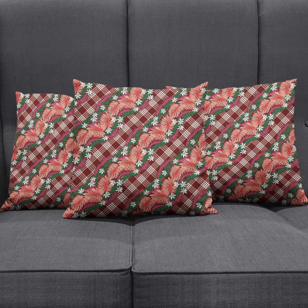 Polynesian Monstera Tiare Floral Pillow Cover Burgundy Tropical Plaid - Polynesian Pride