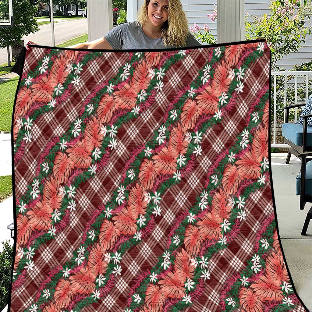 Polynesian Monstera Tiare Floral Quilt Burgundy Tropical Plaid - Polynesian Pride