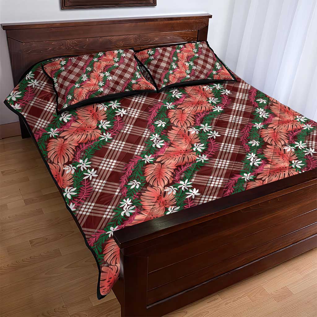 Polynesian Monstera Tiare Floral Quilt Bed Set Burgundy Tropical Plaid LT01 - Polynesian Pride