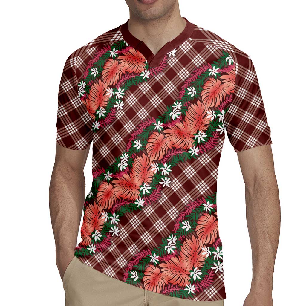 Polynesian Monstera Tiare Floral Rugby Jersey Burgundy Tropical Plaid LT01 - Polynesian Pride