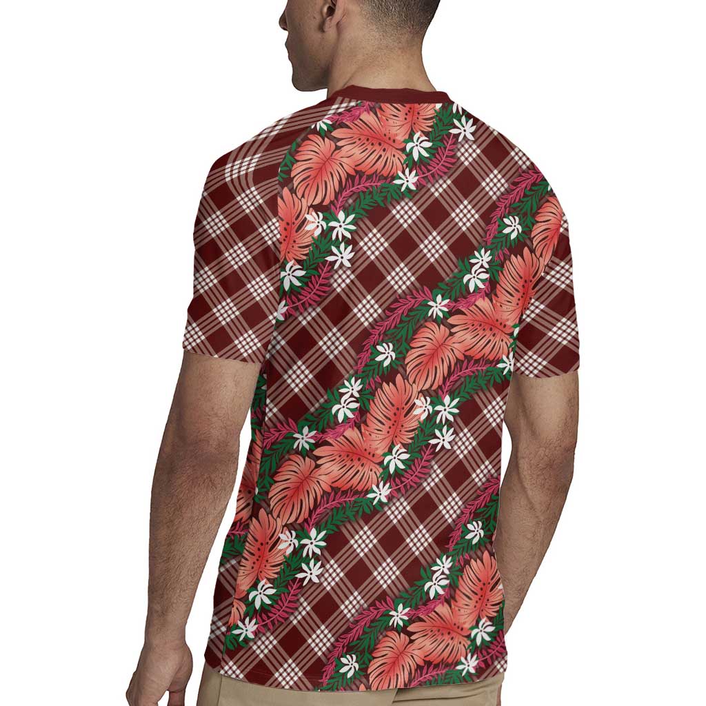 Polynesian Monstera Tiare Floral Rugby Jersey Burgundy Tropical Plaid LT01 - Polynesian Pride