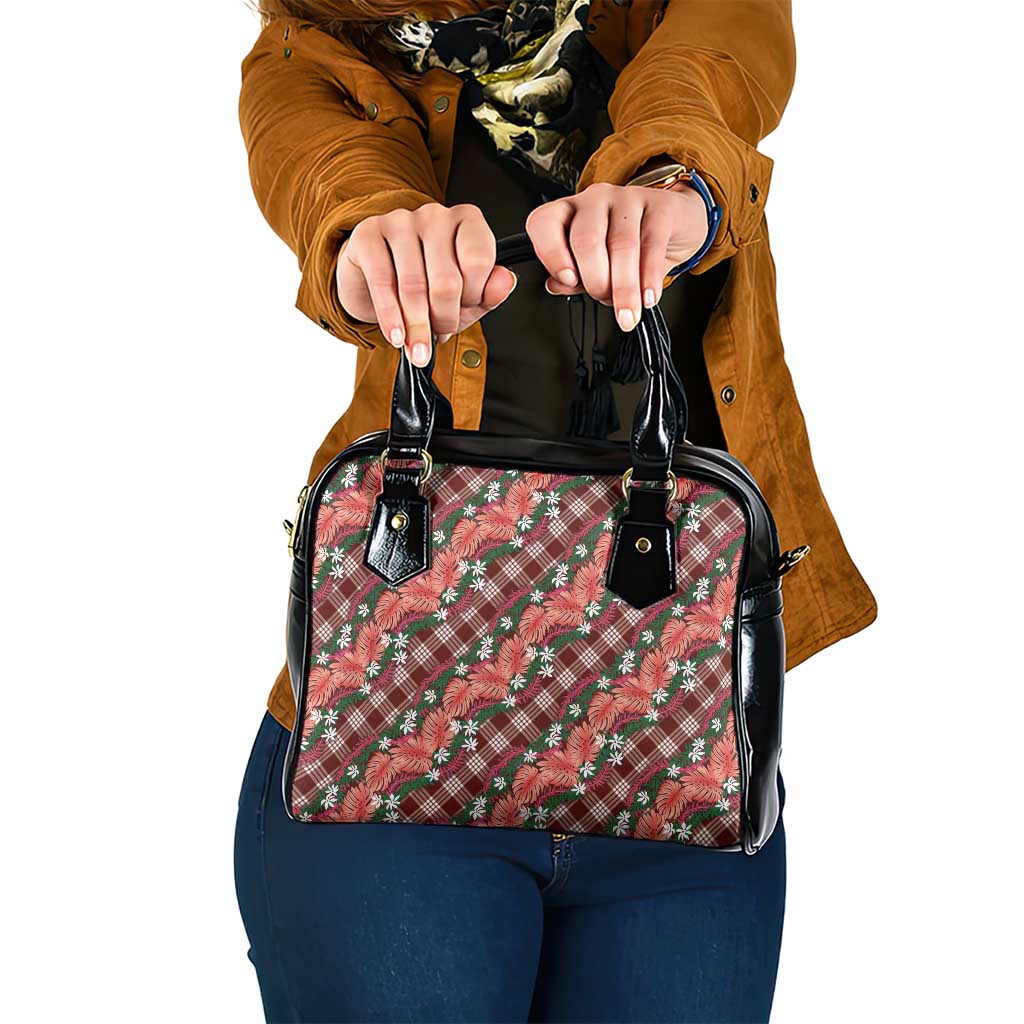 Polynesian Monstera Tiare Floral Shoulder Handbag Burgundy Tropical Plaid - Polynesian Pride