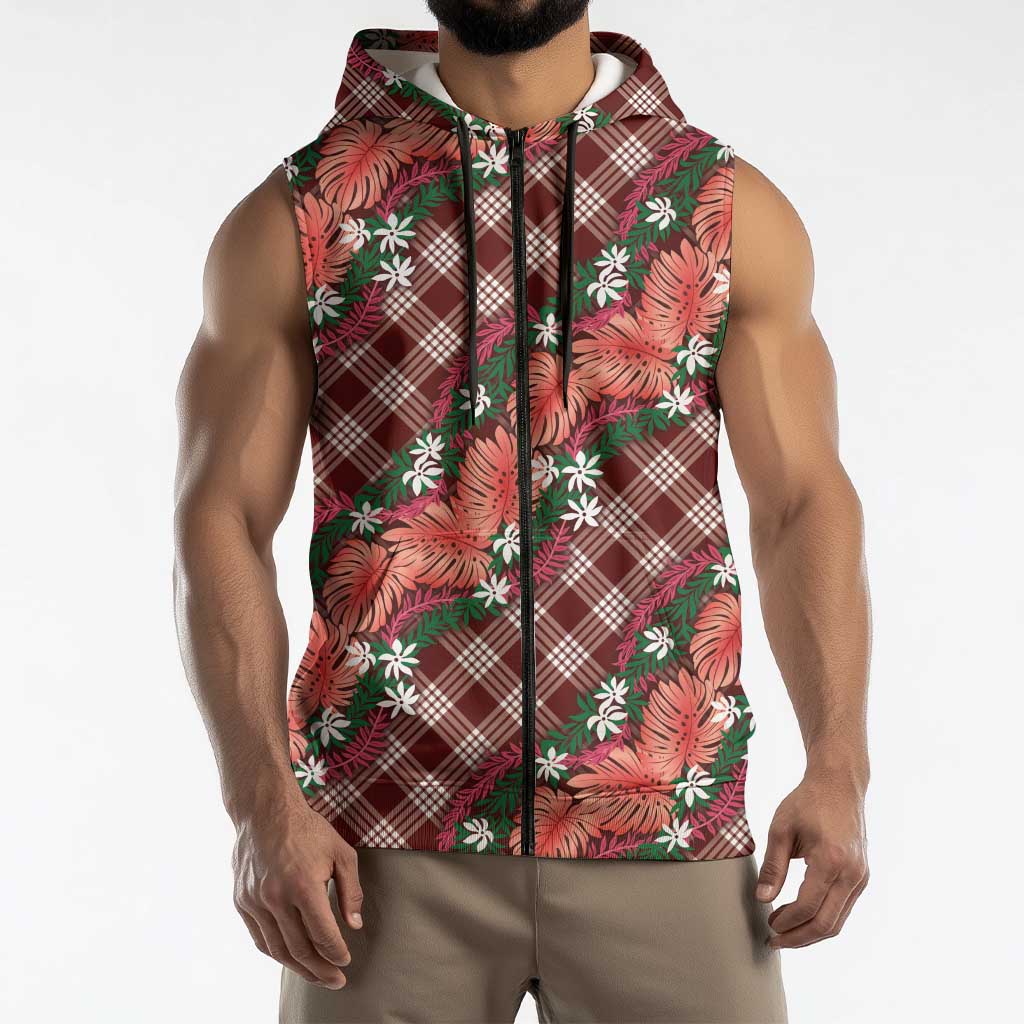Polynesian Monstera Tiare Floral Sleeveless Zip Hoodie Burgundy Tropical Plaid LT01 - Polynesian Pride