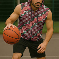 Polynesian Monstera Tiare Floral Sleeveless Zip Hoodie Burgundy Tropical Plaid LT01 - Polynesian Pride