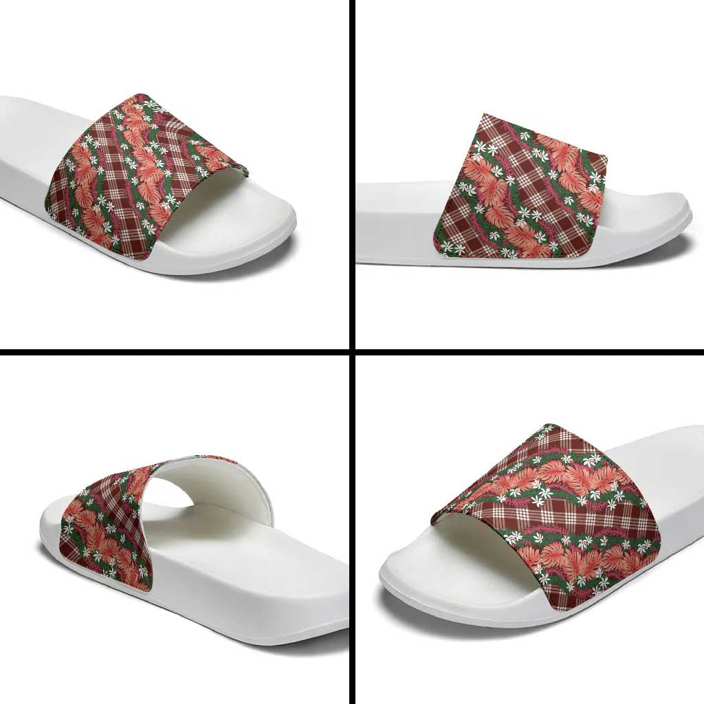 Polynesian Monstera Tiare Floral Slide Sandals Burgundy Tropical Plaid LT01 - Polynesian Pride