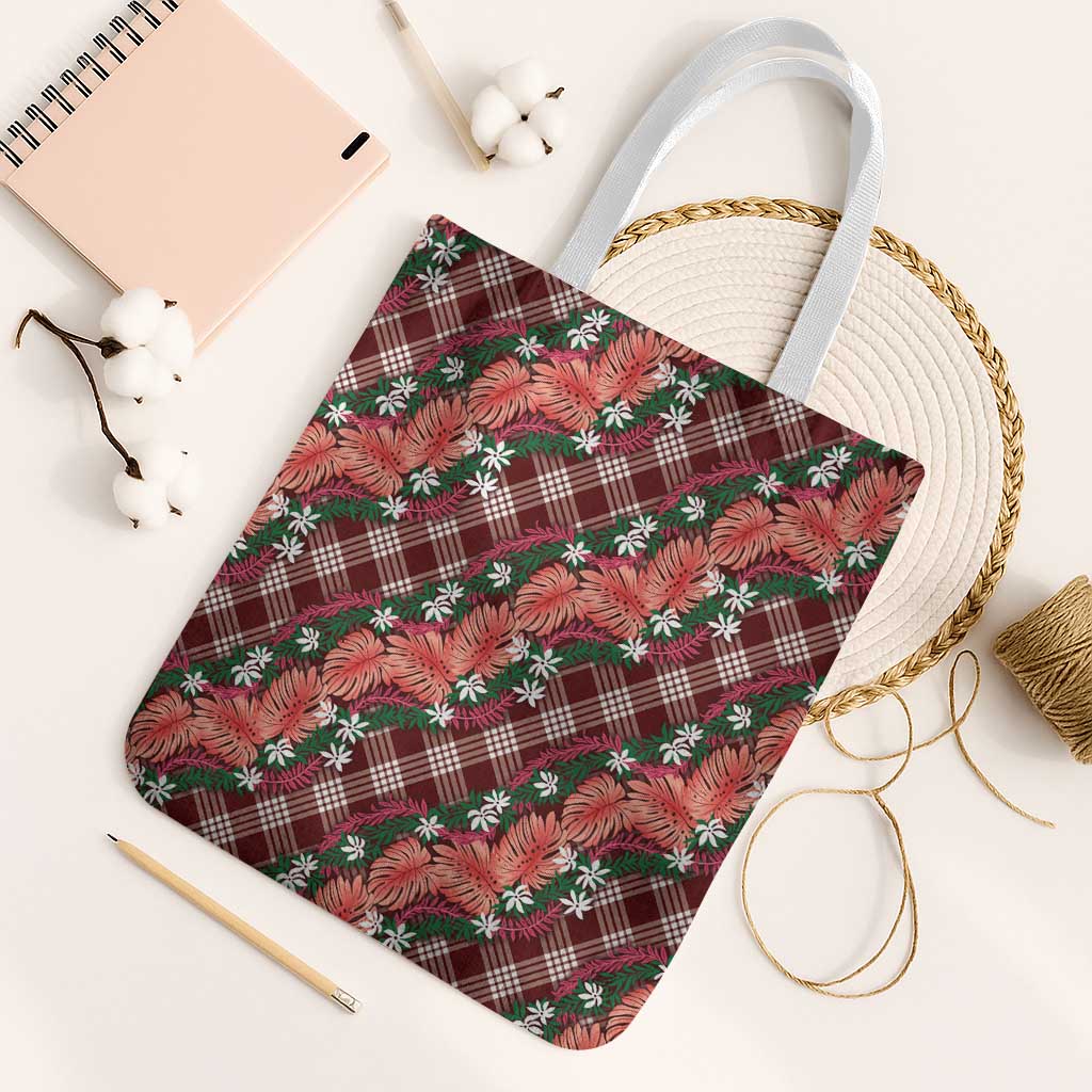 Polynesian Monstera Tiare Floral Tote Bag Burgundy Tropical Plaid - Polynesian Pride