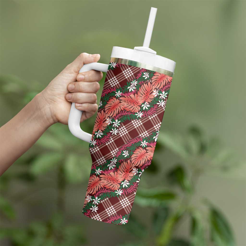 Polynesian Monstera Tiare Floral Tumbler With Handle Burgundy Tropical Plaid - Polynesian Pride