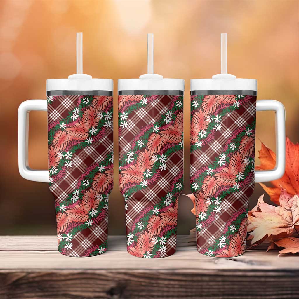 Polynesian Monstera Tiare Floral Tumbler With Handle Burgundy Tropical Plaid - Polynesian Pride
