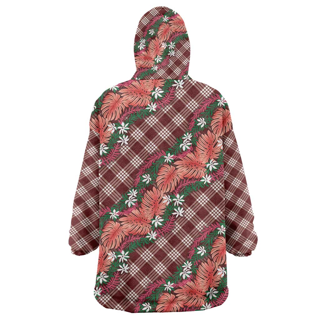 Polynesian Monstera Tiare Floral Wearable Blanket Hoodie Burgundy Tropical Plaid LT01 - Polynesian Pride