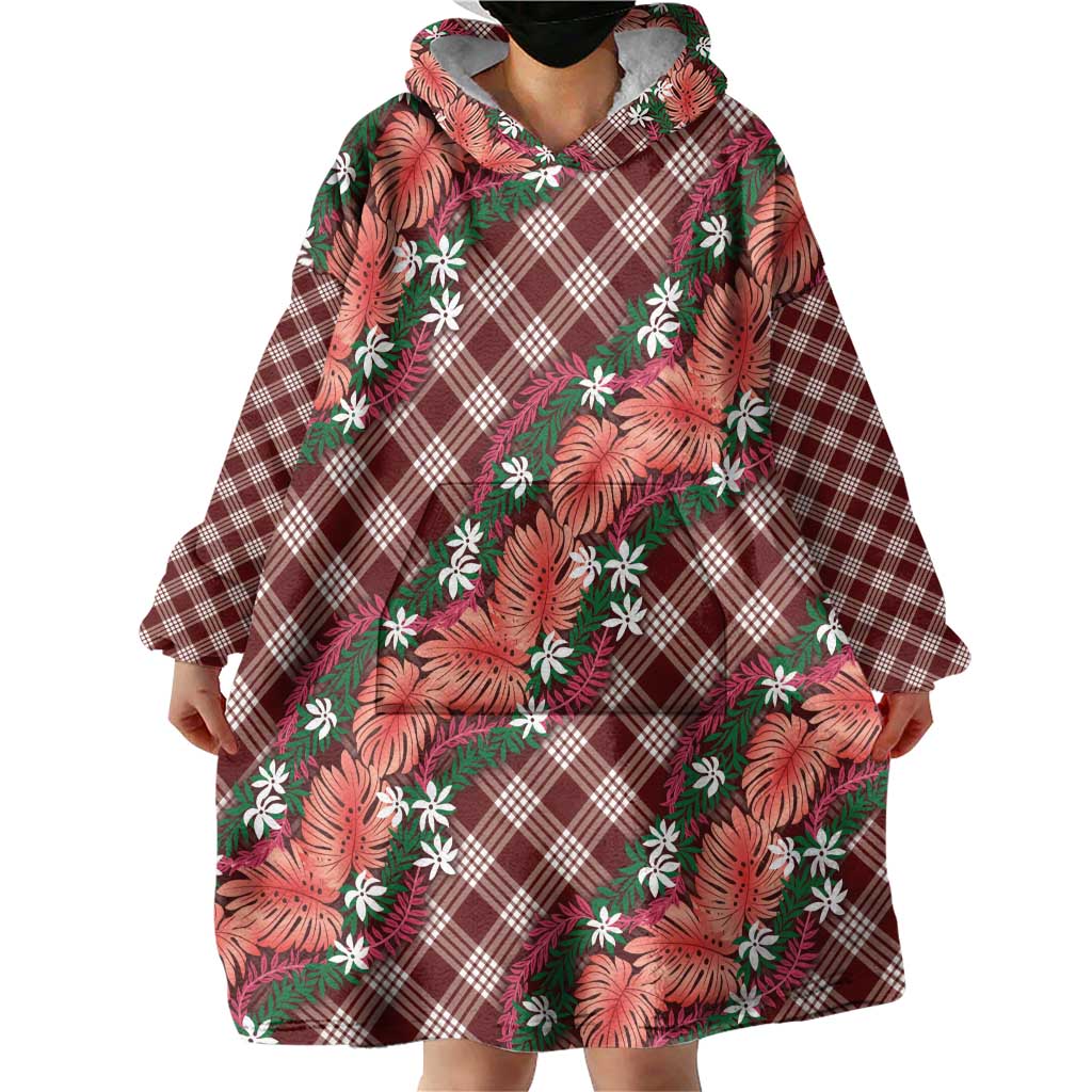 Polynesian Monstera Tiare Floral Wearable Blanket Hoodie Burgundy Tropical Plaid LT01 - Polynesian Pride