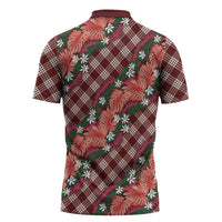Polynesian Monstera Tiare Floral Zipper Polo Shirt Burgundy Tropical Plaid - Polynesian Pride