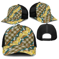 Polynesian Monstera Tiare Floral Baseball Net Cap Yellow Tropical Plaid - Polynesian Pride