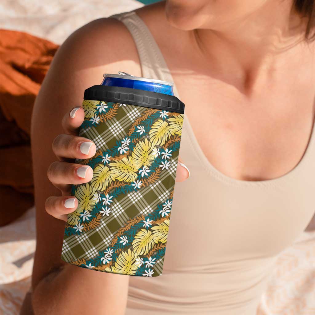 Polynesian Monstera Tiare Floral 4 in 1 Can Cooler Tumbler Yellow Tropical Plaid LT01 - Polynesian Pride