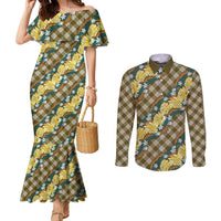 Polynesian Monstera Tiare Floral Couples Matching Mermaid Dress and Long Sleeve Button Shirt Yellow Tropical Plaid LT01 Yellow - Polynesian Pride