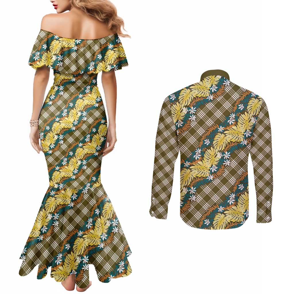 Polynesian Monstera Tiare Floral Couples Matching Mermaid Dress and Long Sleeve Button Shirt Yellow Tropical Plaid LT01 - Polynesian Pride