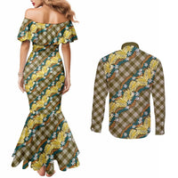 Polynesian Monstera Tiare Floral Couples Matching Mermaid Dress and Long Sleeve Button Shirt Yellow Tropical Plaid LT01 - Polynesian Pride