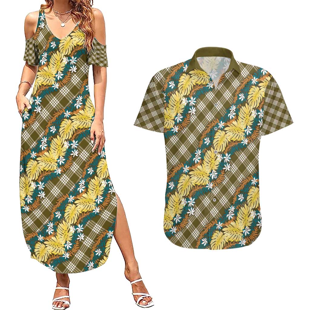 Polynesian Monstera Tiare Floral Couples Matching Summer Maxi Dress and Hawaiian Shirt Yellow Tropical Plaid LT01 Yellow - Polynesian Pride