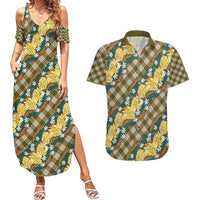 Polynesian Monstera Tiare Floral Couples Matching Summer Maxi Dress and Hawaiian Shirt Yellow Tropical Plaid LT01 Yellow - Polynesian Pride
