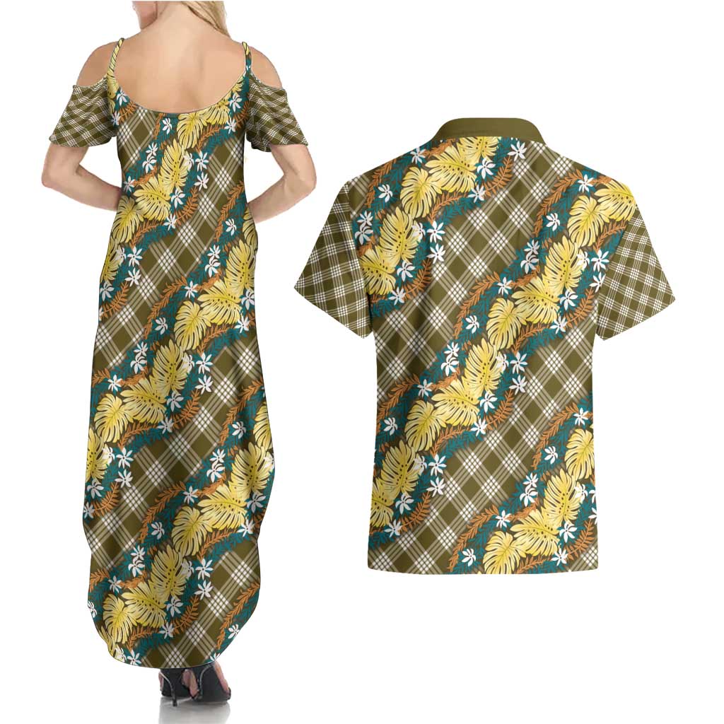 Polynesian Monstera Tiare Floral Couples Matching Summer Maxi Dress and Hawaiian Shirt Yellow Tropical Plaid LT01 - Polynesian Pride