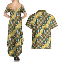 Polynesian Monstera Tiare Floral Couples Matching Summer Maxi Dress and Hawaiian Shirt Yellow Tropical Plaid LT01 - Polynesian Pride