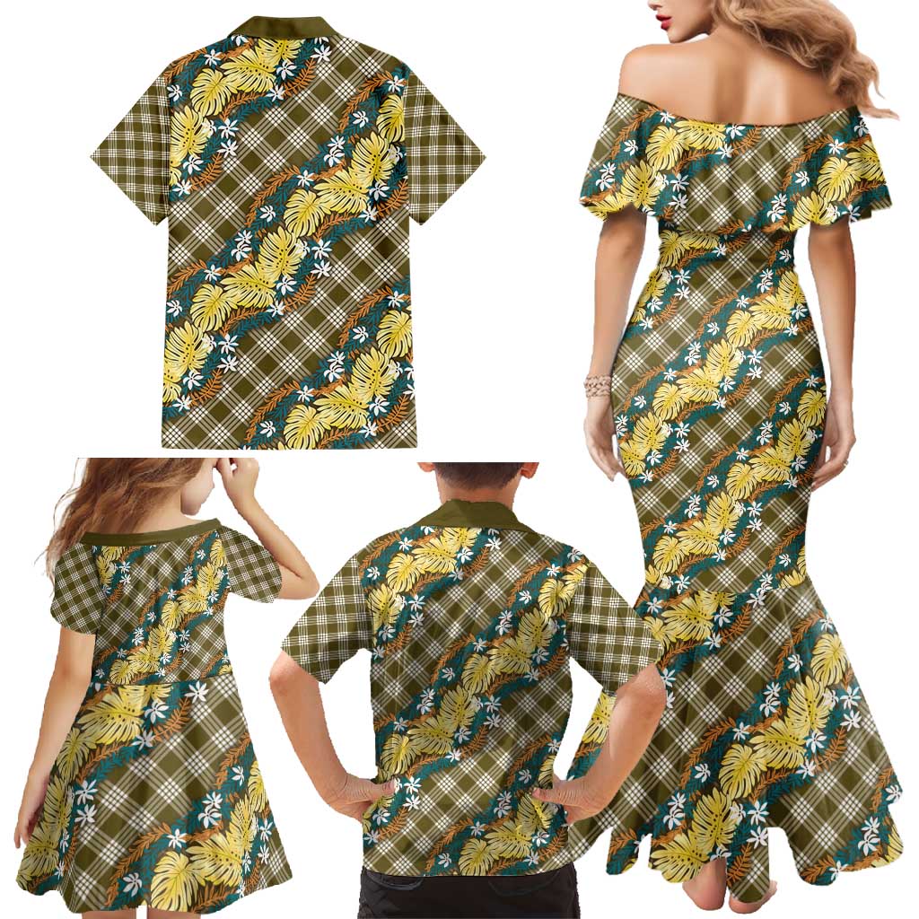 Polynesian Monstera Tiare Floral Family Matching Mermaid Dress and Hawaiian Shirt Yellow Tropical Plaid - Polynesian Pride