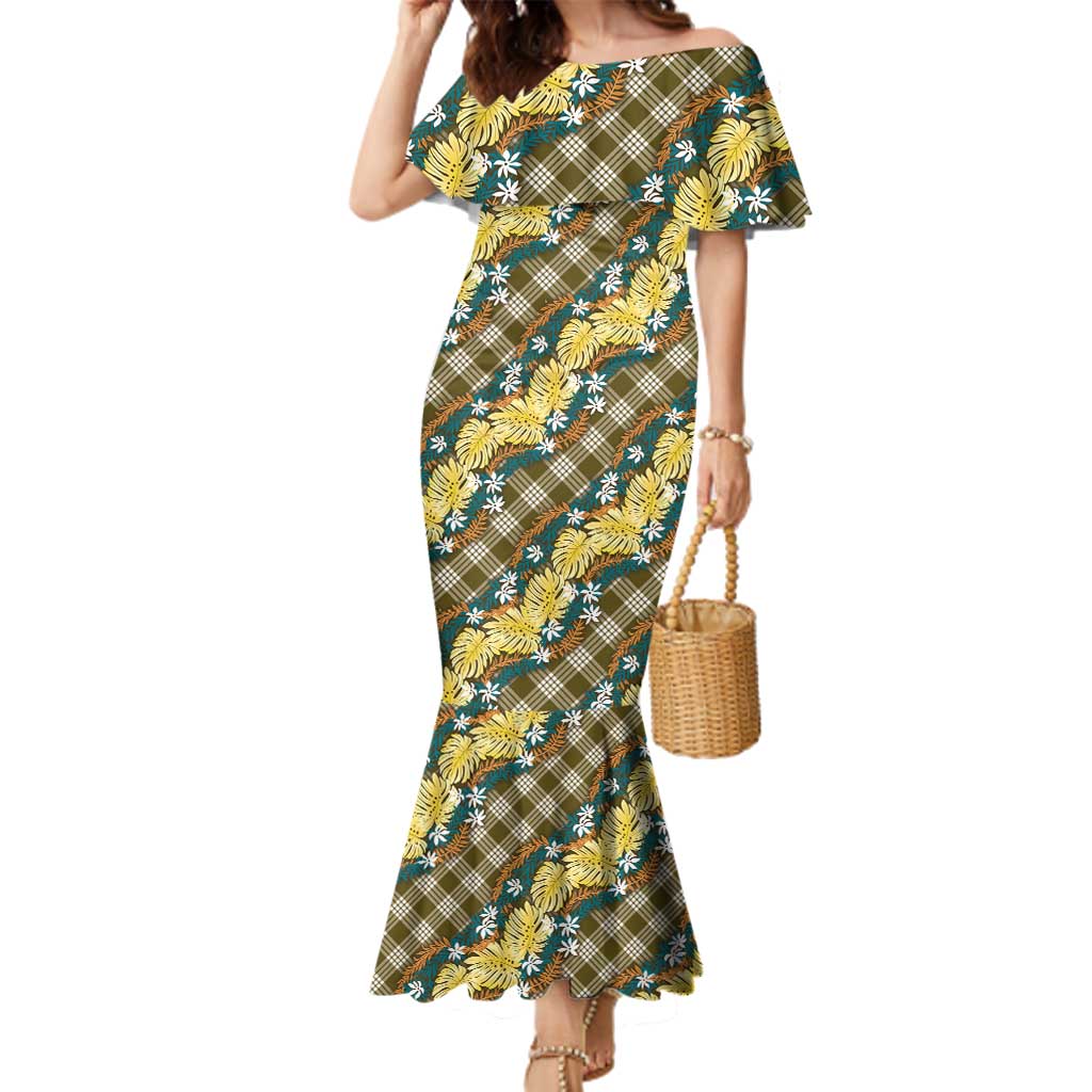 Polynesian Monstera Tiare Floral Family Matching Mermaid Dress and Hawaiian Shirt Yellow Tropical Plaid - Polynesian Pride