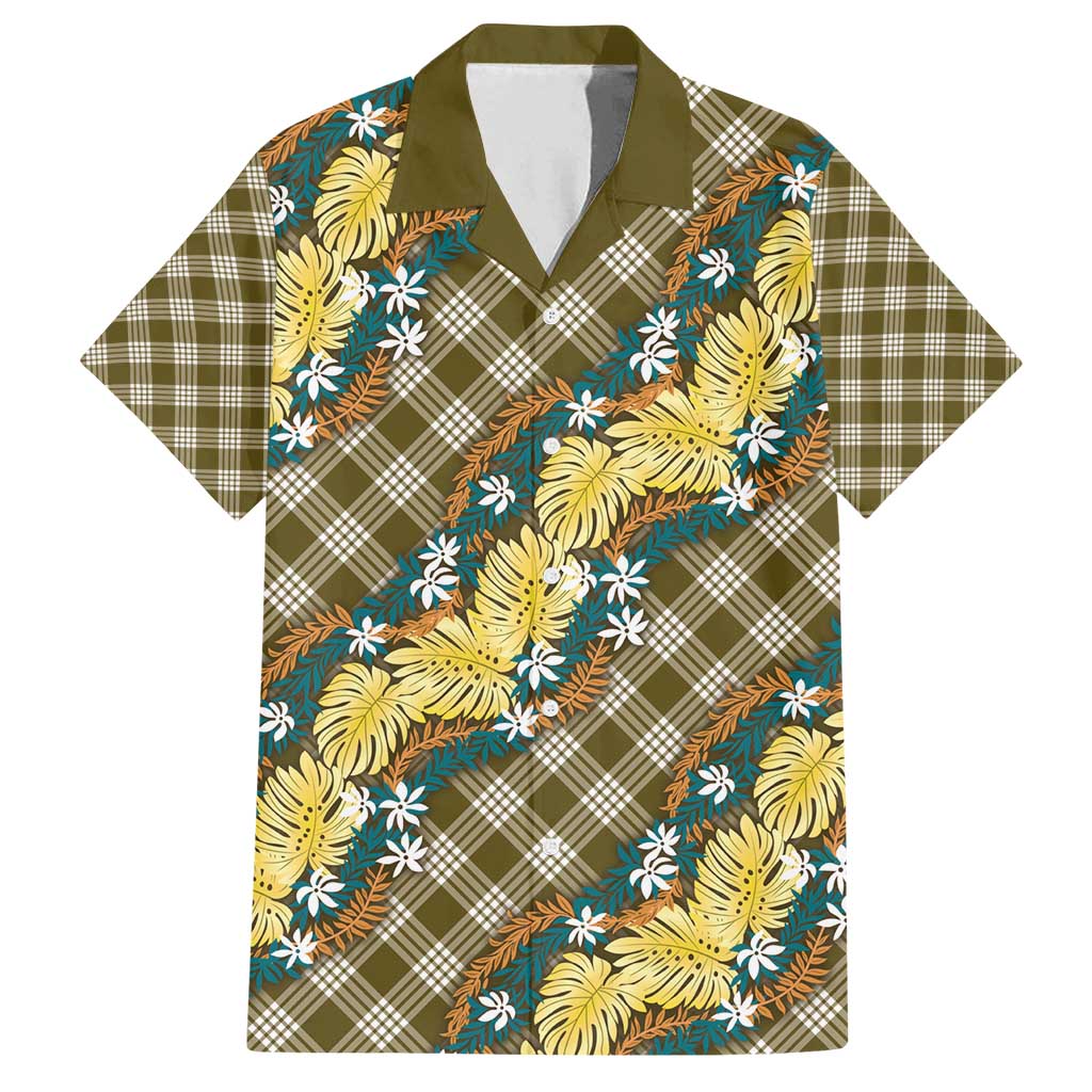 Polynesian Monstera Tiare Floral Family Matching Off Shoulder Maxi Dress and Hawaiian Shirt Yellow Tropical Plaid - Polynesian Pride