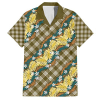 Polynesian Monstera Tiare Floral Family Matching Off Shoulder Maxi Dress and Hawaiian Shirt Yellow Tropical Plaid - Polynesian Pride