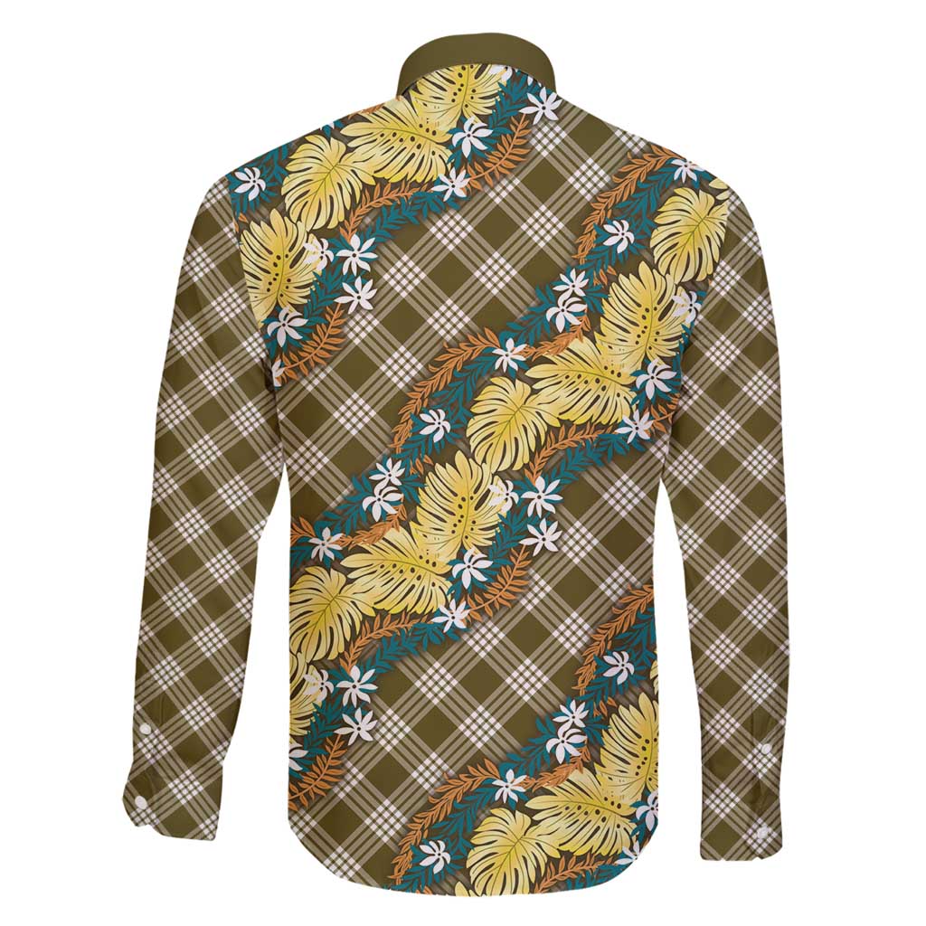 Polynesian Monstera Tiare Floral Family Matching Off Shoulder Maxi Dress and Hawaiian Shirt Yellow Tropical Plaid - Polynesian Pride
