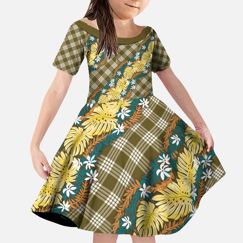 Polynesian Monstera Tiare Floral Family Matching Puletasi and Hawaiian Shirt Yellow Tropical Plaid - Polynesian Pride