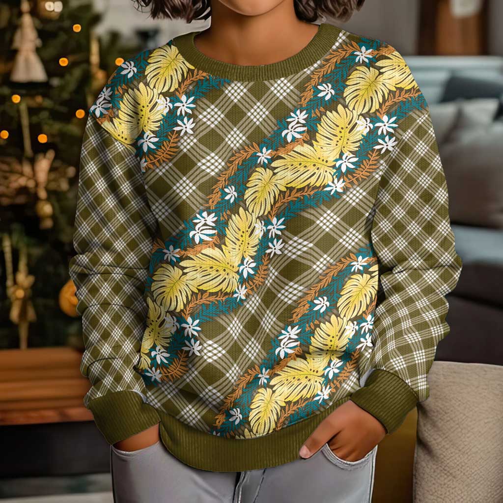 Polynesian Monstera Tiare Floral Kid Ugly Christmas Sweater Yellow Tropical Plaid LT01 - Polynesian Pride