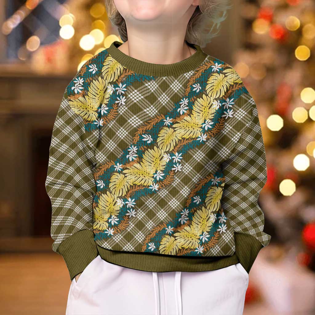 Polynesian Monstera Tiare Floral Kid Ugly Christmas Sweater Yellow Tropical Plaid LT01 - Polynesian Pride
