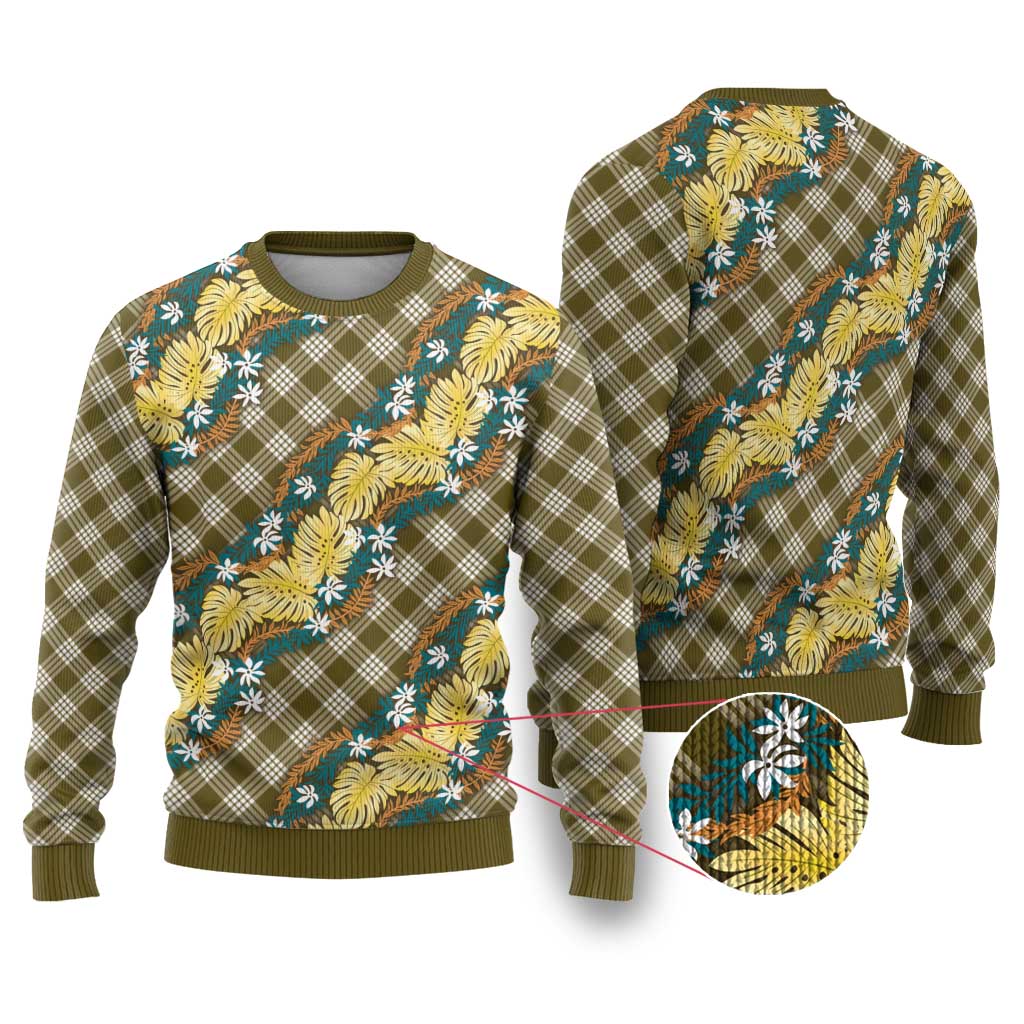 Polynesian Monstera Tiare Floral Ugly Christmas Sweater Yellow Tropical Plaid LT01 Yellow - Polynesian Pride