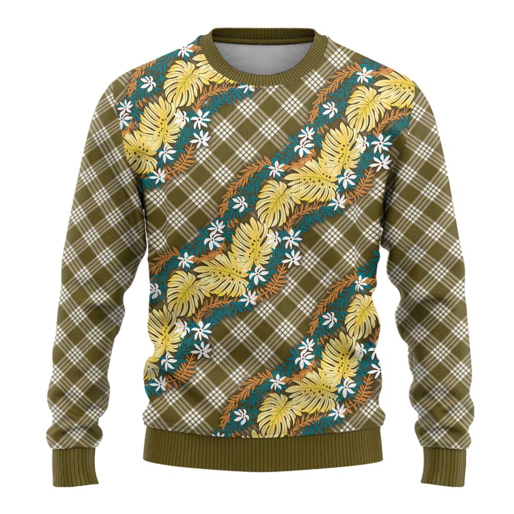 Polynesian Monstera Tiare Floral Ugly Christmas Sweater Yellow Tropical Plaid LT01 - Polynesian Pride
