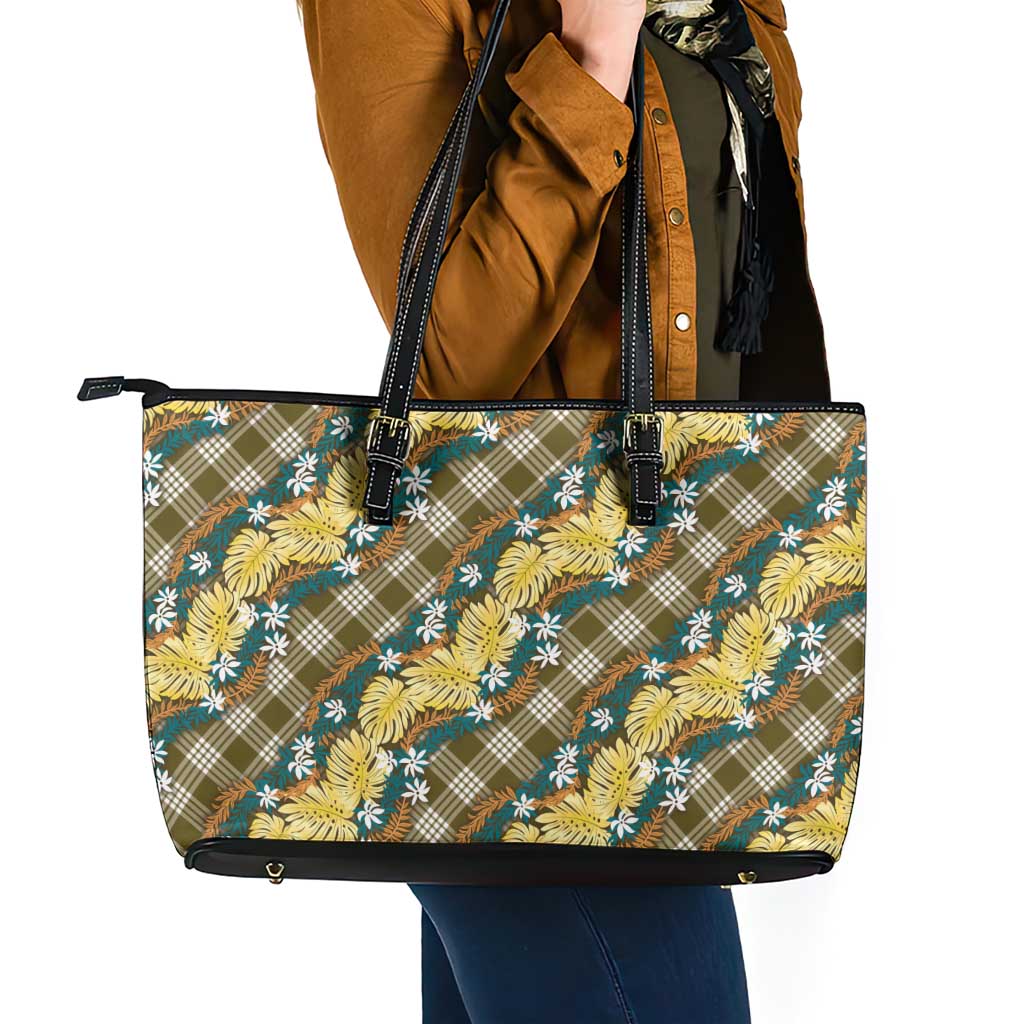 Polynesian Monstera Tiare Floral Leather Tote Bag Yellow Tropical Plaid LT01 - Polynesian Pride