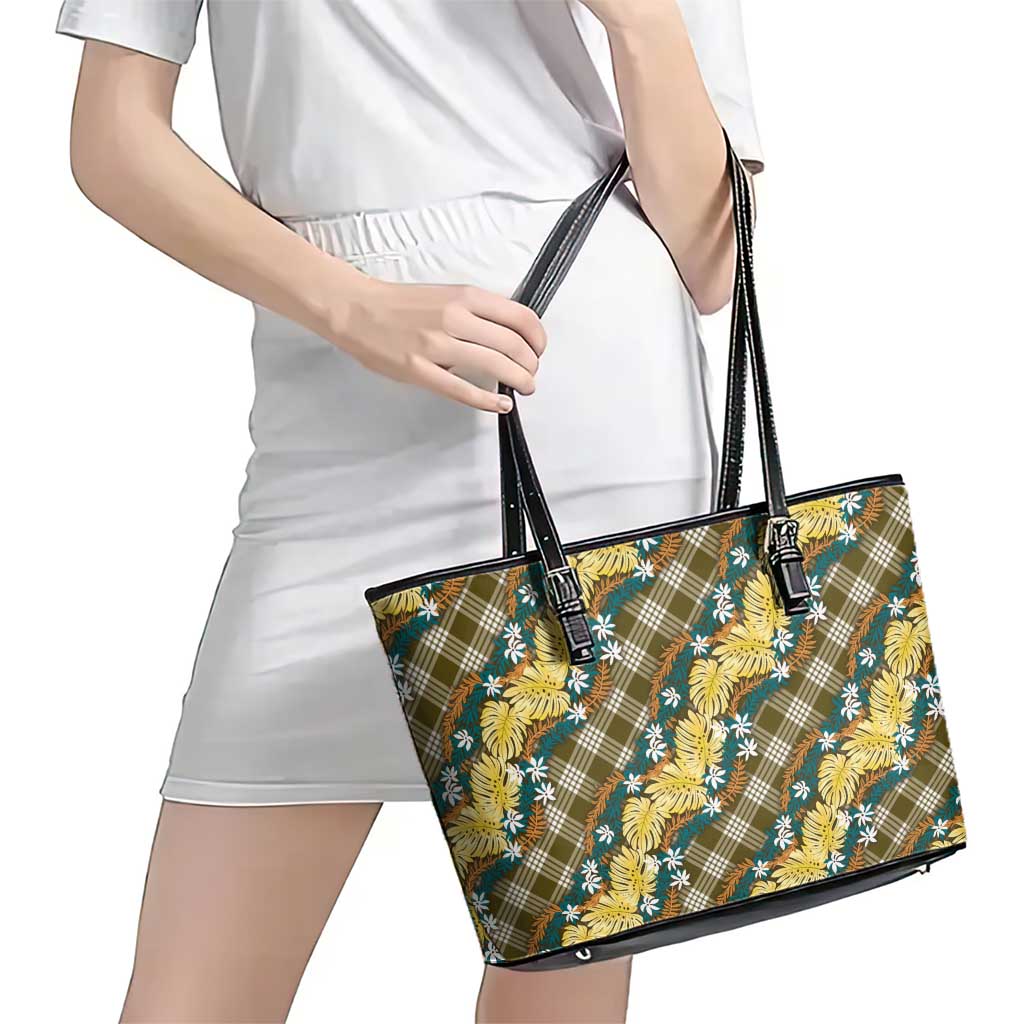 Polynesian Monstera Tiare Floral Leather Tote Bag Yellow Tropical Plaid LT01 - Polynesian Pride