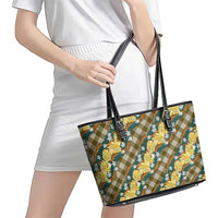 Polynesian Monstera Tiare Floral Leather Tote Bag Yellow Tropical Plaid LT01 - Polynesian Pride