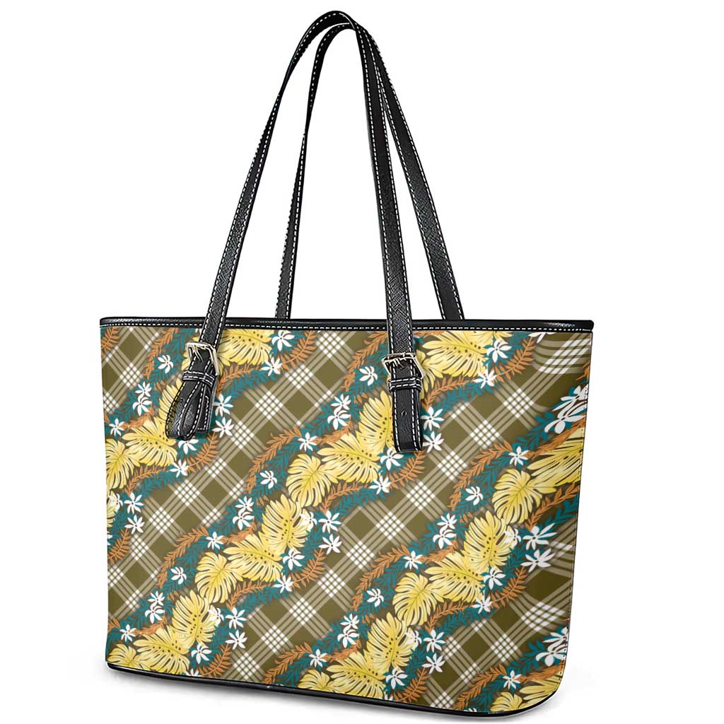 Polynesian Monstera Tiare Floral Leather Tote Bag Yellow Tropical Plaid LT01 - Polynesian Pride
