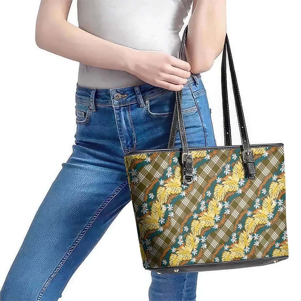 Polynesian Monstera Tiare Floral Leather Tote Bag Yellow Tropical Plaid LT01 - Polynesian Pride