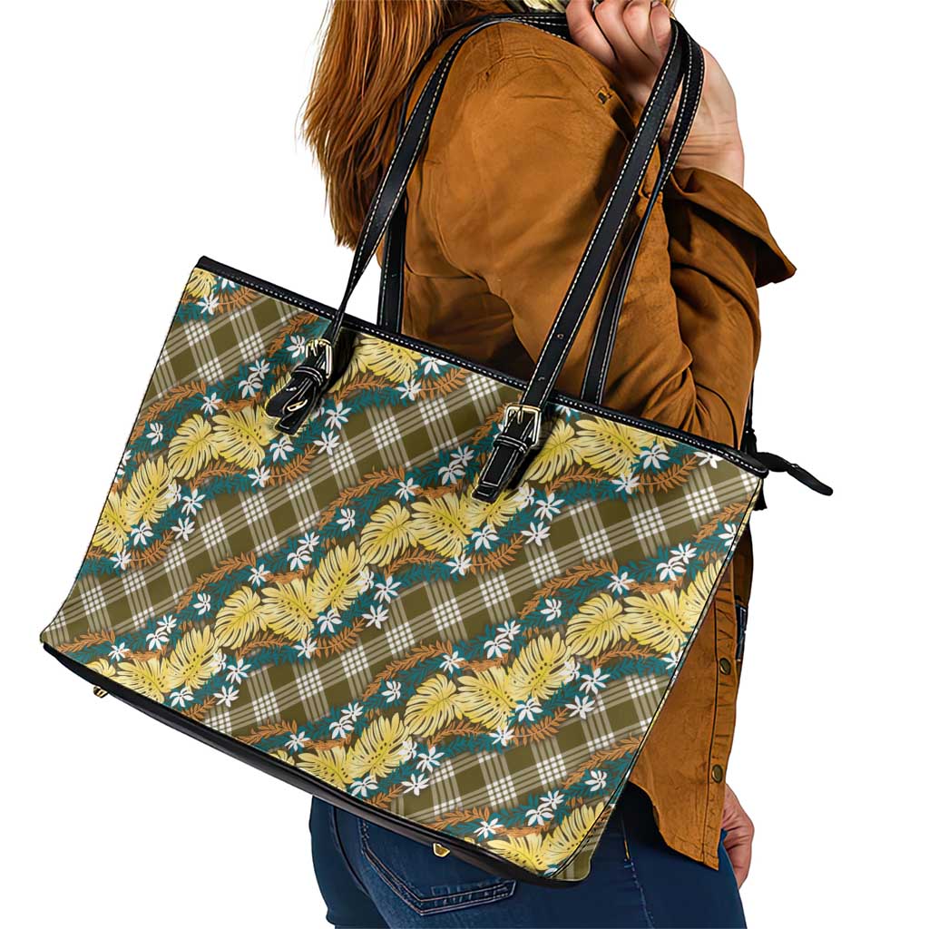 Polynesian Monstera Tiare Floral Leather Tote Bag Yellow Tropical Plaid LT01 - Polynesian Pride