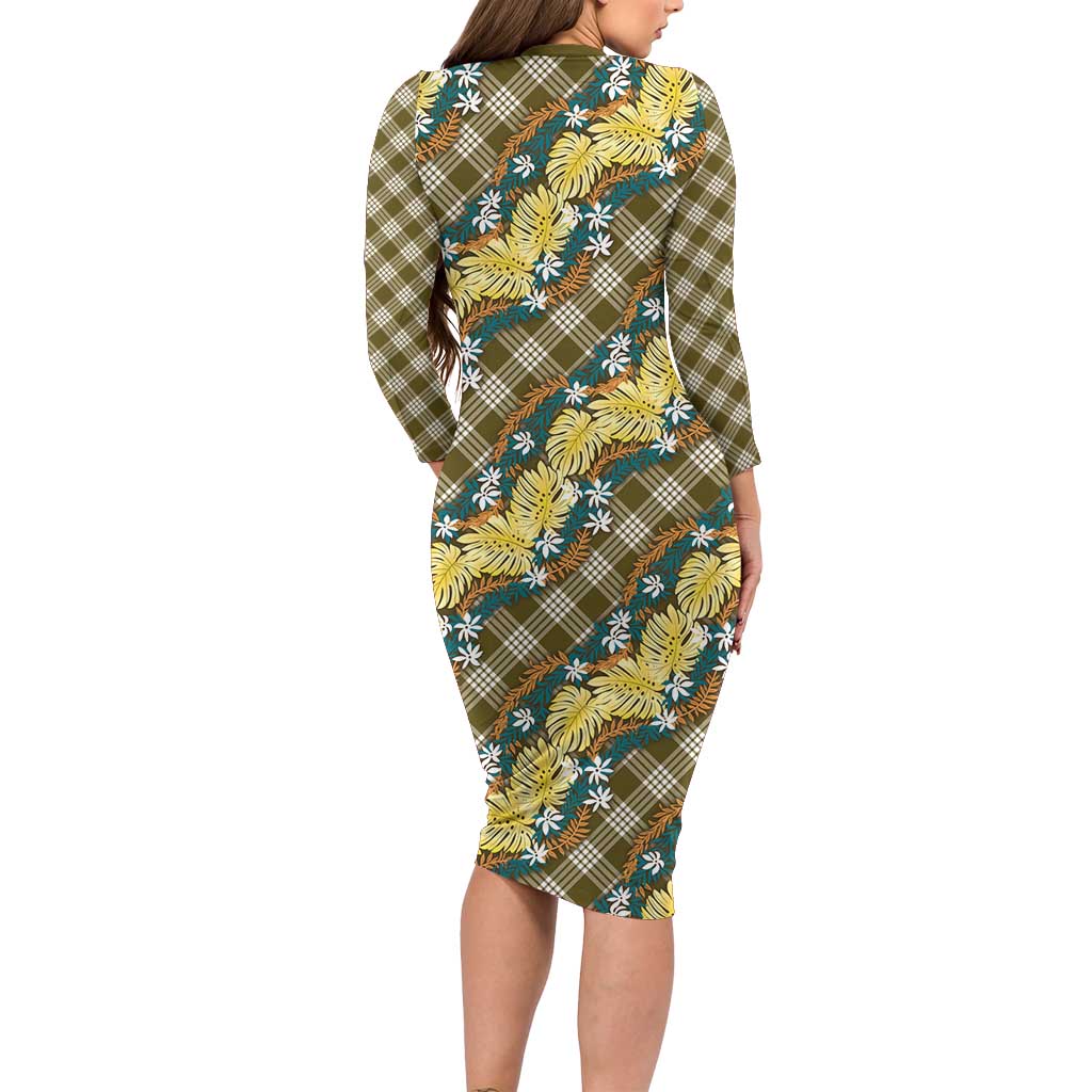 Polynesian Monstera Tiare Floral Long Sleeve Bodycon Dress Yellow Tropical Plaid LT01 - Polynesian Pride