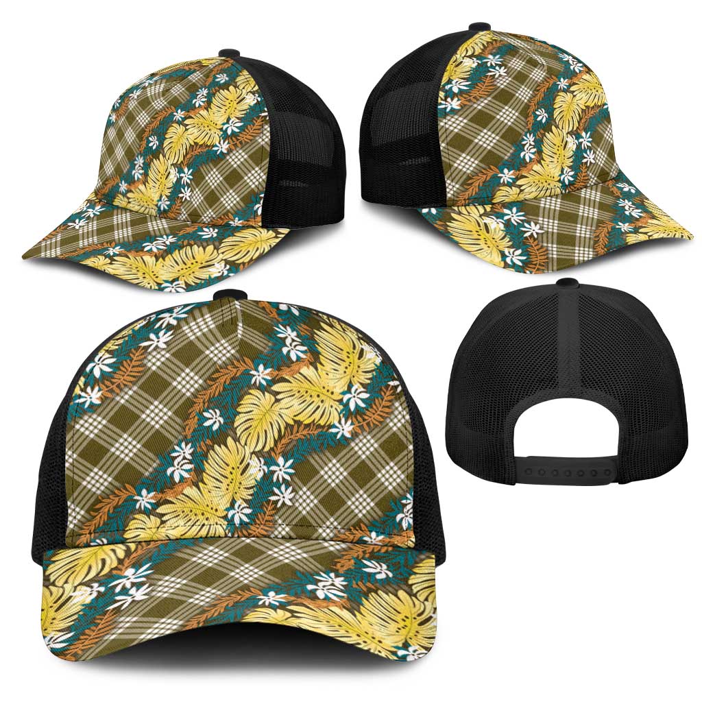 Polynesian Monstera Tiare Floral Mesh Trucker Cap Yellow Tropical Plaid LT01 - Polynesian Pride
