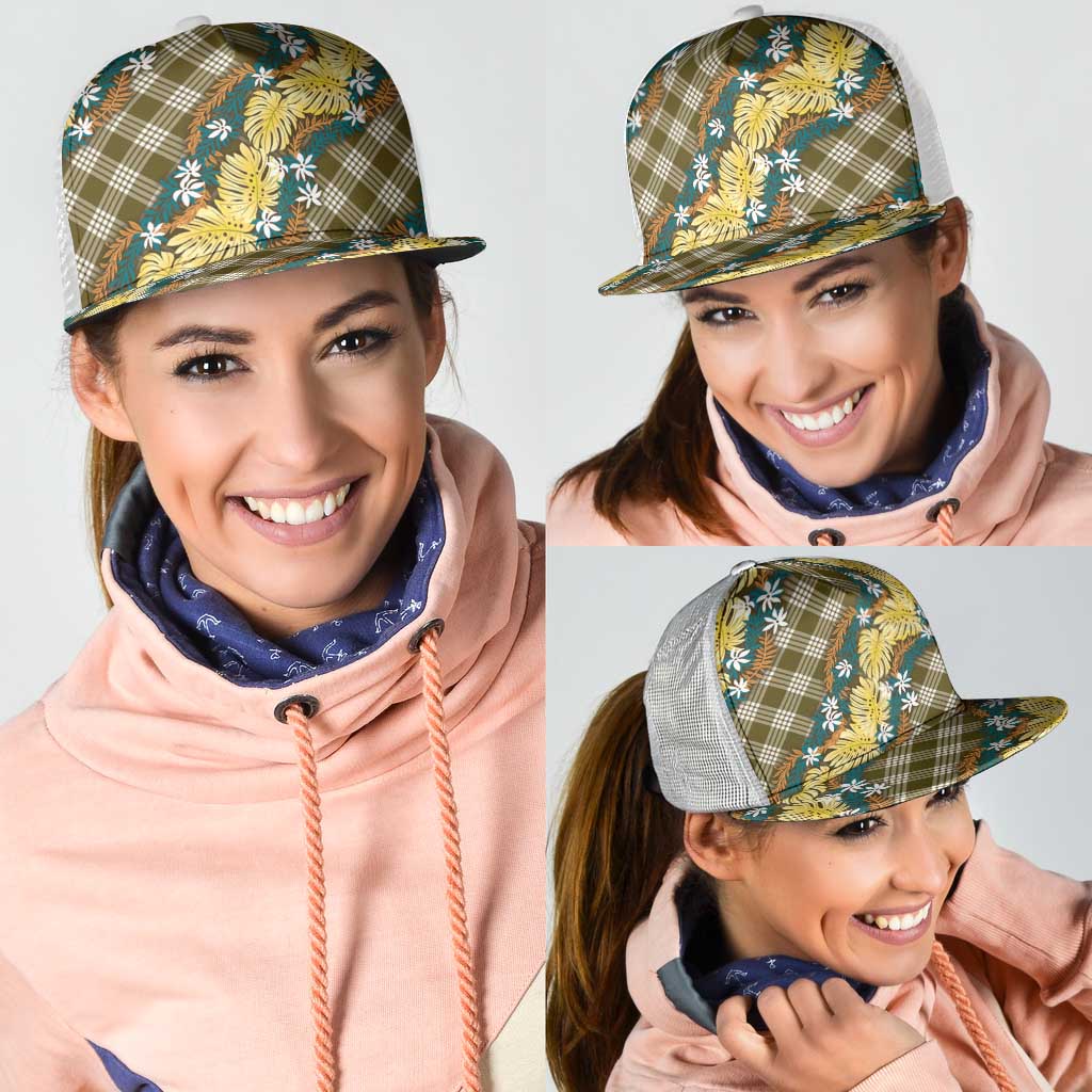 Polynesian Monstera Tiare Floral Mesh Trucker Cap Yellow Tropical Plaid LT01 - Polynesian Pride