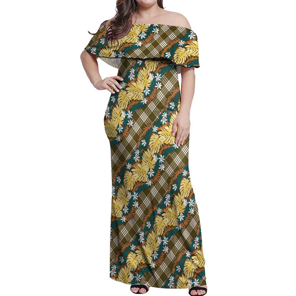 Polynesian Monstera Tiare Floral Off Shoulder Maxi Dress Yellow Tropical Plaid LT01 Women Yellow - Polynesian Pride