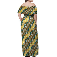 Polynesian Monstera Tiare Floral Off Shoulder Maxi Dress Yellow Tropical Plaid LT01 - Polynesian Pride