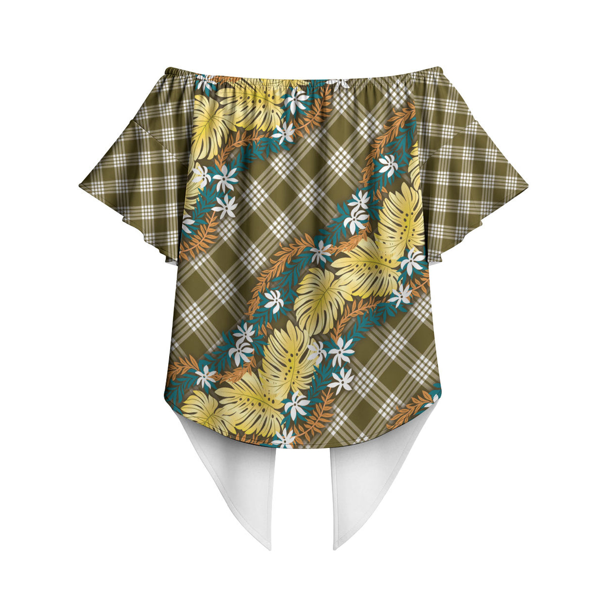 Polynesian Monstera Tiare Floral Off Shoulder Wrap Waist Top Yellow Tropical Plaid LT01 - Polynesian Pride