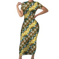 Polynesian Monstera Tiare Floral Short Sleeve Bodycon Dress Yellow Tropical Plaid - Polynesian Pride