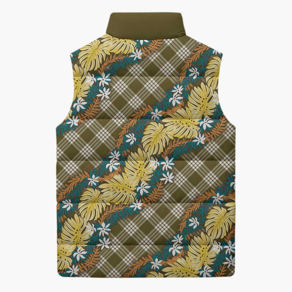 Polynesian Monstera Tiare Floral Sleeveless Puffer Jacket Yellow Tropical Plaid LT01 - Polynesian Pride