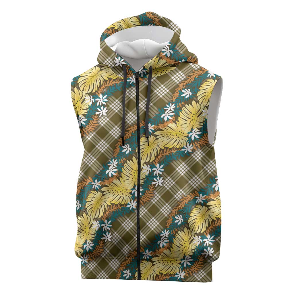 Polynesian Monstera Tiare Floral Sleeveless Zip Hoodie Yellow Tropical Plaid LT01 Yellow - Polynesian Pride