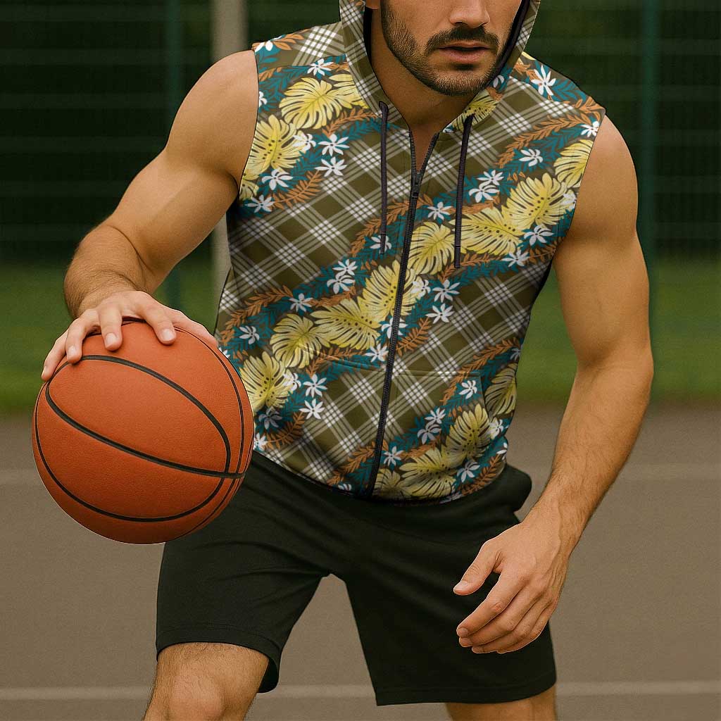 Polynesian Monstera Tiare Floral Sleeveless Zip Hoodie Yellow Tropical Plaid LT01 - Polynesian Pride